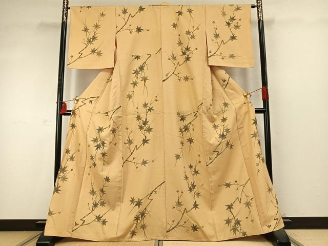 平和屋着物▽上質な紬 単衣 手描き 楓 正絹 逸品 AABD0257fy