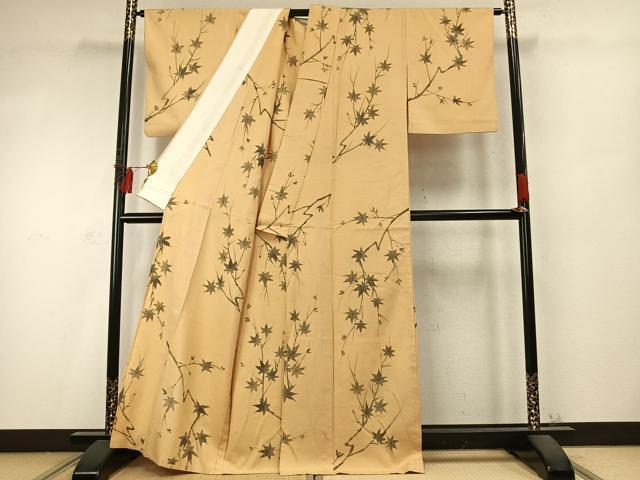 平和屋着物▽上質な紬 単衣 手描き 楓 正絹 逸品 AABD0257fy