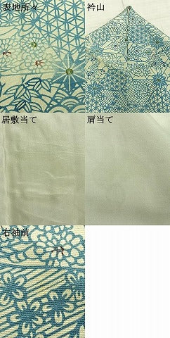 平和屋着物▽上質な小紋 単衣 藍 型染め 切嵌花文 正絹 逸品 AABD0262fy