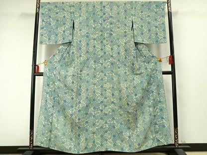 平和屋着物▽上質な小紋 単衣 藍 型染め 切嵌花文 正絹 逸品 AABD0262fy