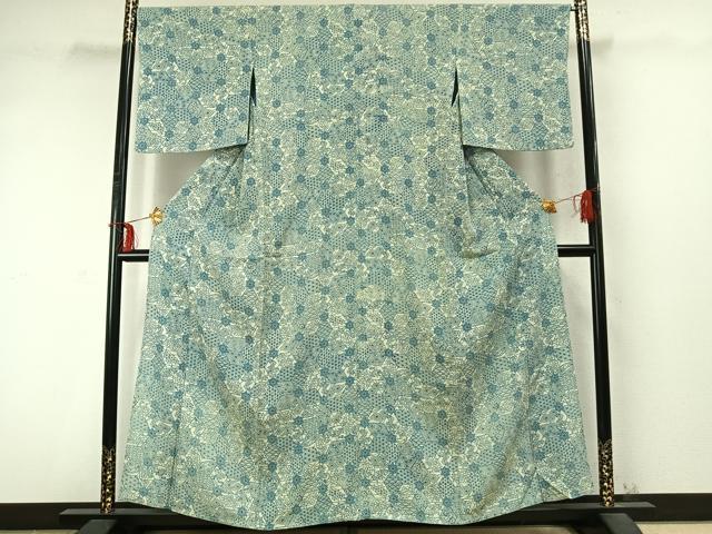 平和屋着物▽上質な小紋 単衣 藍 型染め 切嵌花文 正絹 逸品 AABD0262fy