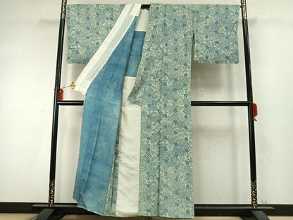 平和屋着物▽上質な小紋 単衣 藍 型染め 切嵌花文 正絹 逸品 AABD0262fy