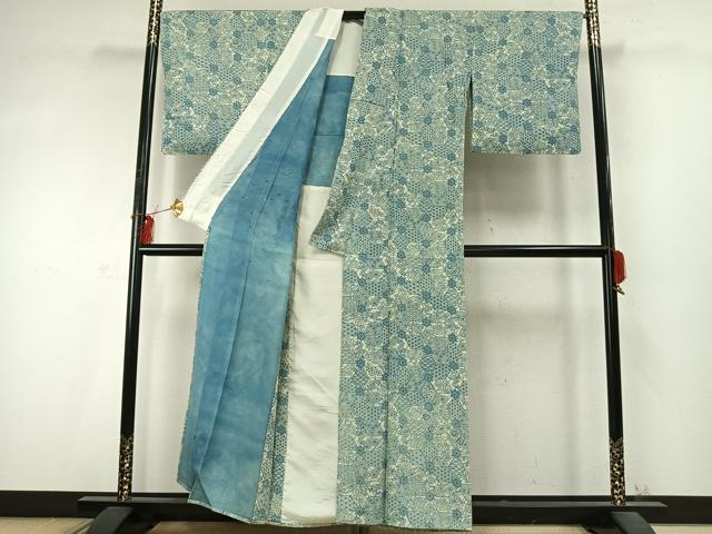 平和屋着物▽上質な小紋 単衣 藍 型染め 切嵌花文 正絹 逸品 AABD0262fy