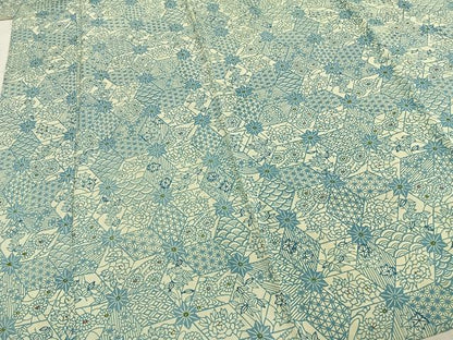 平和屋着物▽上質な小紋 単衣 藍 型染め 切嵌花文 正絹 逸品 AABD0262fy