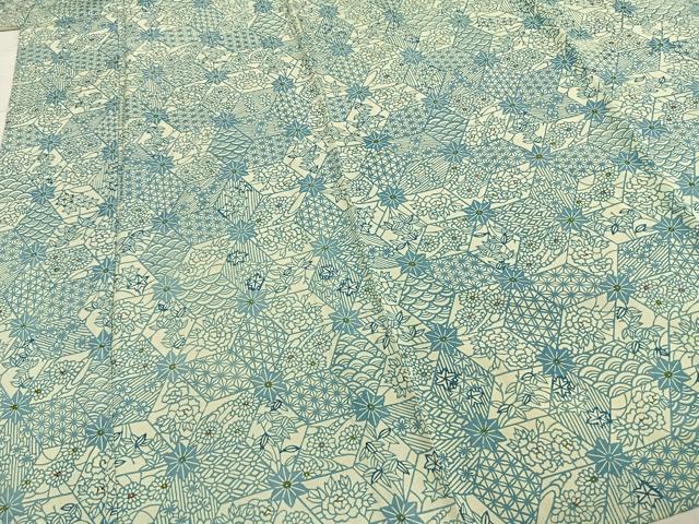 平和屋着物▽上質な小紋 単衣 藍 型染め 切嵌花文 正絹 逸品 AABD0262fy