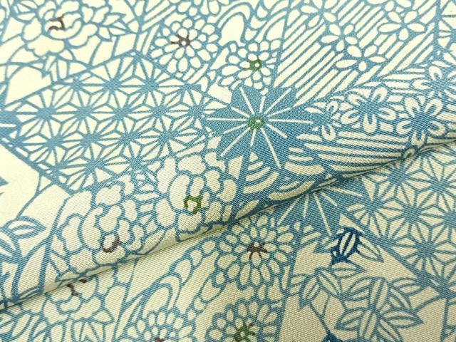 平和屋着物▽上質な小紋 単衣 藍 型染め 切嵌花文 正絹 逸品 AABD0262fy