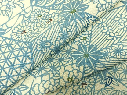 平和屋着物▽上質な小紋 単衣 藍 型染め 切嵌花文 正絹 逸品 AABD0262fy