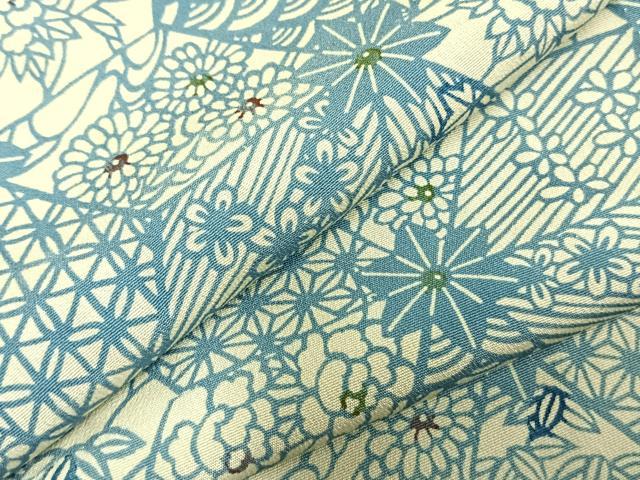 平和屋着物▽上質な小紋 単衣 藍 型染め 切嵌花文 正絹 逸品 AABD0262fy