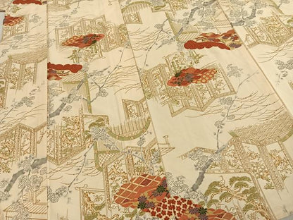 平和屋着物▽上質な小紋 単衣 手描き 雲取り風景花文 金彩 正絹 逸品 AABD0264fy