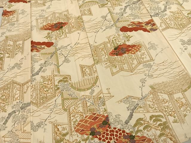 平和屋着物▽上質な小紋 単衣 手描き 雲取り風景花文 金彩 正絹 逸品 AABD0264fy
