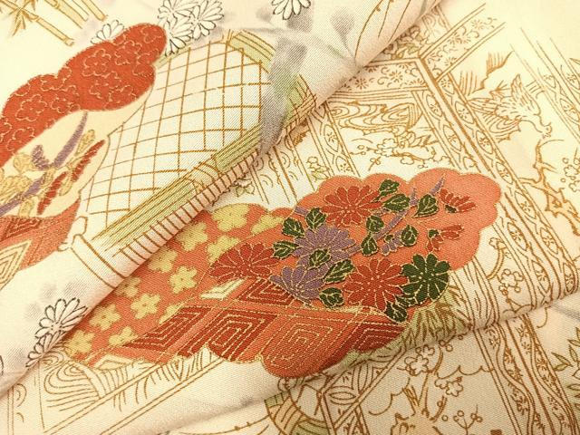 平和屋着物▽上質な小紋 単衣 手描き 雲取り風景花文 金彩 正絹 逸品 AABD0264fy