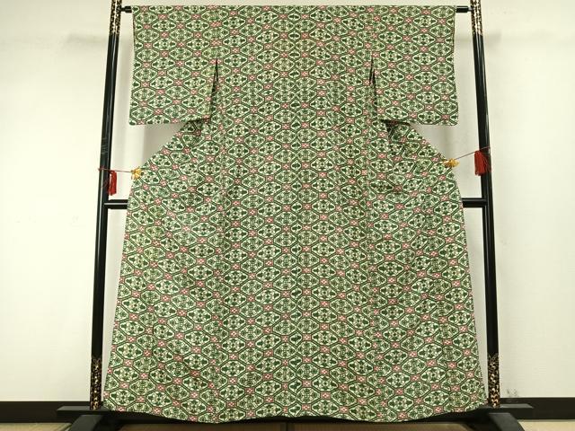 平和屋着物▽上質な小紋 単衣 型染め 亀甲文 鬼しぼ縮緬 正絹 逸品 AABD0265fy