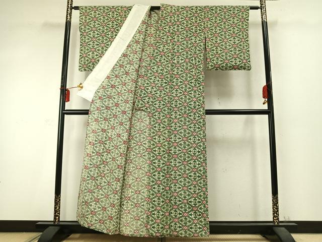 平和屋着物▽上質な小紋 単衣 型染め 亀甲文 鬼しぼ縮緬 正絹 逸品 AABD0265fy