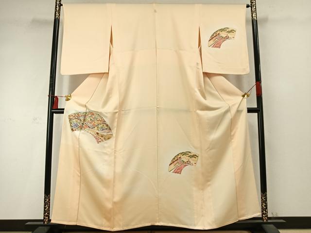 平和屋着物▽訪問着 単衣 刺繍 扇面花鳥文 暈し染め 正絹 逸品 AABD0272fy