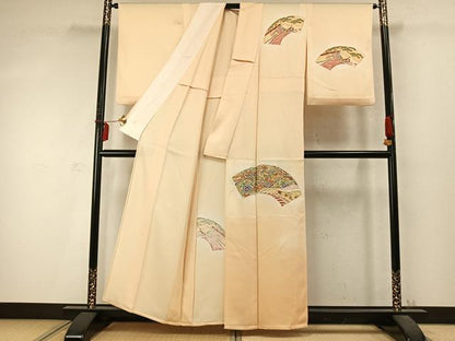 平和屋着物▽訪問着 単衣 刺繍 扇面花鳥文 暈し染め 正絹 逸品 AABD0272fy