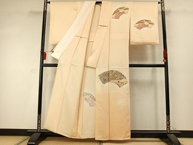 平和屋着物▽訪問着 単衣 刺繍 扇面花鳥文 暈し染め 正絹 逸品 AABD0272fy