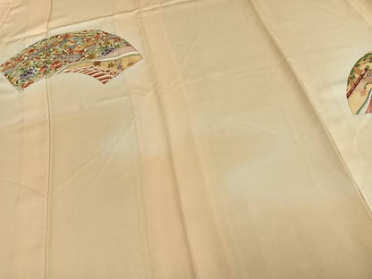 平和屋着物▽訪問着 単衣 刺繍 扇面花鳥文 暈し染め 正絹 逸品 AABD0272fy