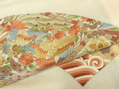 平和屋着物▽訪問着 単衣 刺繍 扇面花鳥文 暈し染め 正絹 逸品 AABD0272fy