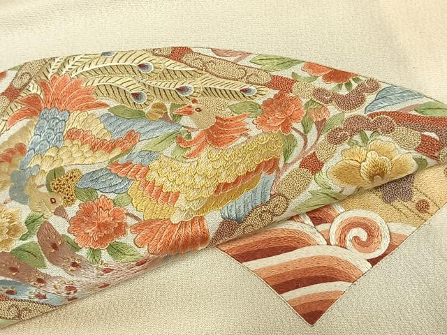 平和屋着物▽訪問着 単衣 刺繍 扇面花鳥文 暈し染め 正絹 逸品 AABD0272fy