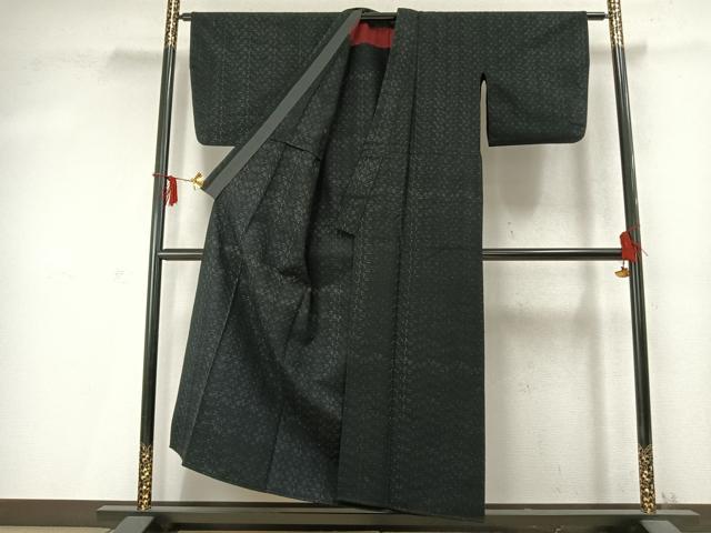 平和屋着物▽小紋 単衣 総刺繍 草花文 黒地 AABD0276fy
