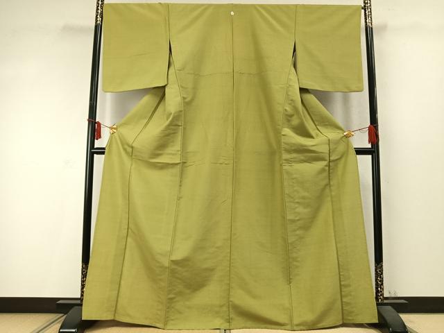 平和屋着物▽上質な紬 単衣 色無地 抹茶色 金通し地 正絹 逸品 AABD0278fy