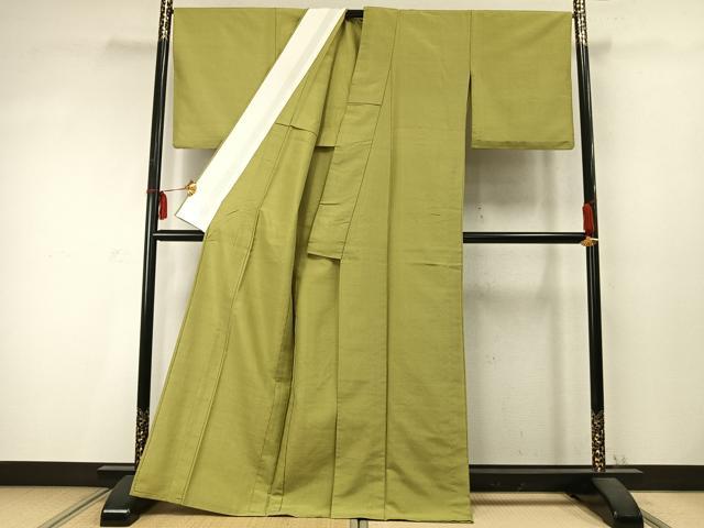 平和屋着物▽上質な紬 単衣 色無地 抹茶色 金通し地 正絹 逸品 AABD0278fy