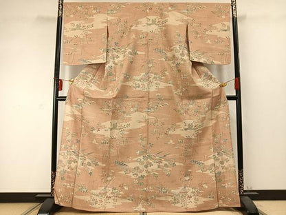平和屋着物▽生紬 単衣 風景花文 正絹 逸品 未使用 AABD0288fy