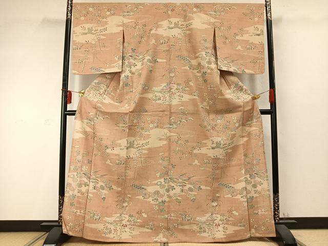 平和屋着物▽生紬 単衣 風景花文 正絹 逸品 未使用 AABD0288fy