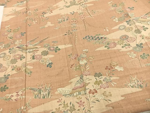 平和屋着物▽生紬 単衣 風景花文 正絹 逸品 未使用 AABD0288fy