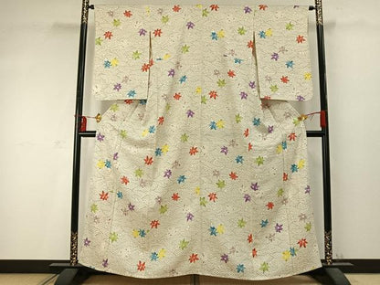 平和屋着物▽上質な小紋 単衣 手描き 舞葉文 正絹 逸品 未使用 AABD0290fy