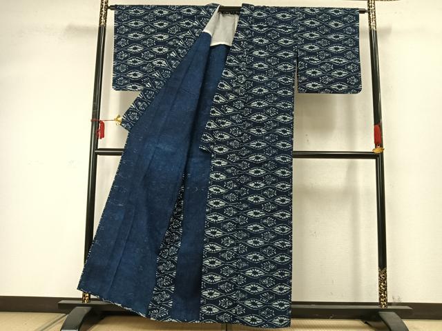 平和屋着物▽小紋 単衣 型染め 横段花文 綿 AABD0293fy