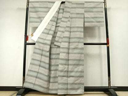 平和屋着物▽上質な紬 単衣 花織 横段文 正絹 逸品 AABD0295fy