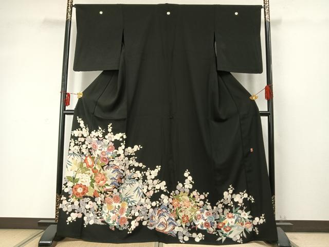 平和屋着物▽本加賀友禅作家 西川健一 黒留袖 単衣 草花文 正絹 逸品 AABD0296fy