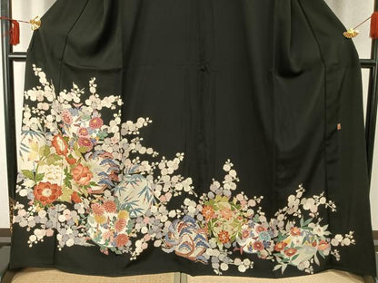 平和屋着物▽本加賀友禅作家 西川健一 黒留袖 単衣 草花文 正絹 逸品 AABD0296fy
