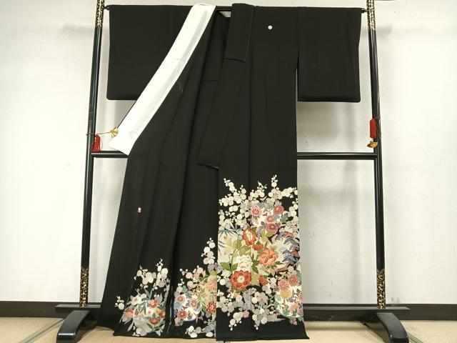平和屋着物▽本加賀友禅作家 西川健一 黒留袖 単衣 草花文 正絹 逸品 AABD0296fy