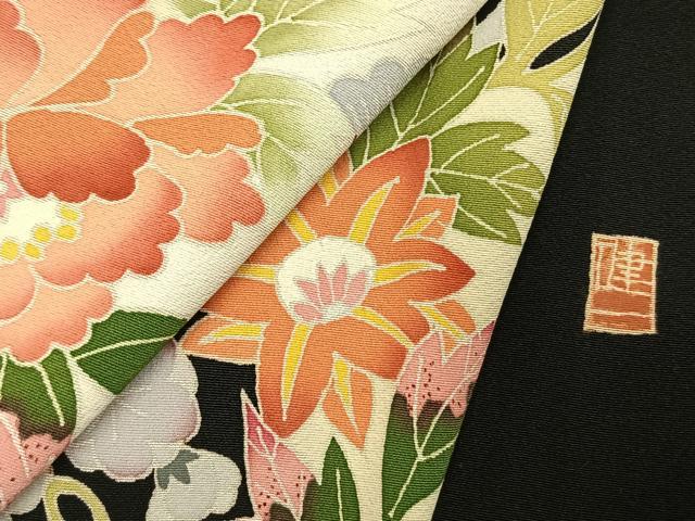平和屋着物▽本加賀友禅作家 西川健一 黒留袖 単衣 草花文 正絹 逸品 AABD0296fy