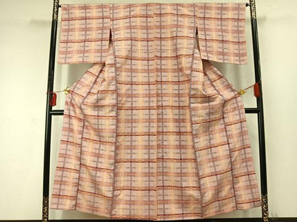 平和屋着物▽上質な紬 単衣 格子 正絹 逸品 AABD0297fy