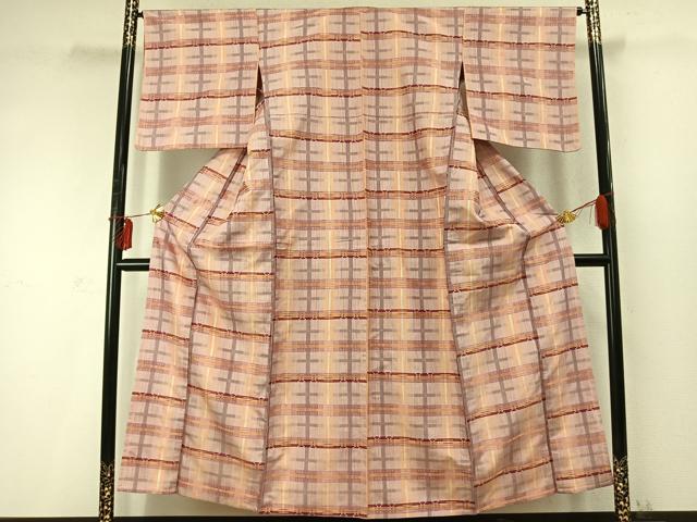 平和屋着物▽上質な紬 単衣 格子 正絹 逸品 AABD0297fy