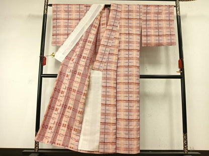 平和屋着物▽上質な紬 単衣 格子 正絹 逸品 AABD0297fy