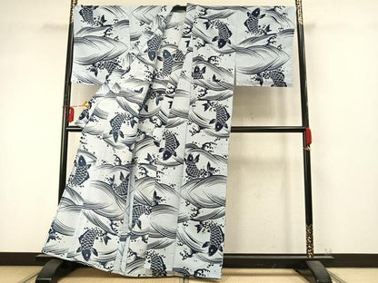 平和屋着物▽男性 小紋 単衣 鯉 立波文 洗える着物 未使用 AABD0317fy
