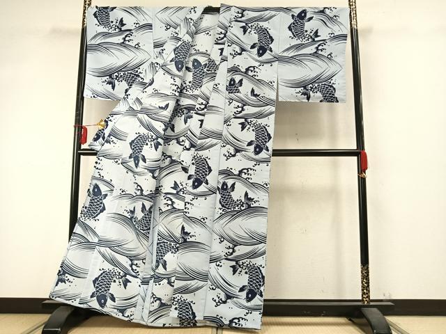 平和屋着物▽男性 小紋 単衣 鯉 立波文 洗える着物 未使用 AABD0317fy
