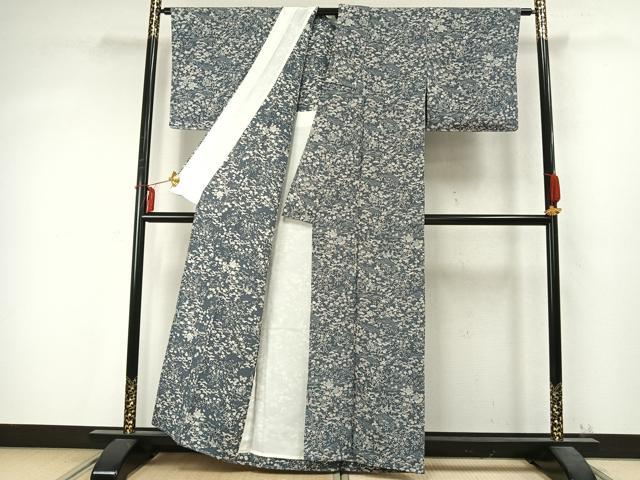平和屋着物▽上質な小紋 単衣 草花文 鬼しぼ縮緬 正絹 逸品 未使用 AABD0322fy