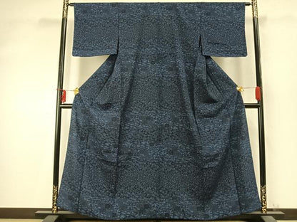 平和屋着物▽上質な小紋 単衣 藍 型染め 草花文 正絹 逸品 AABD0334fy