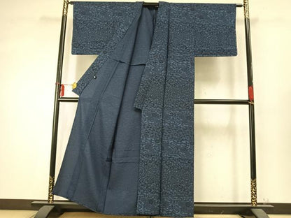 平和屋着物▽上質な小紋 単衣 藍 型染め 草花文 正絹 逸品 AABD0334fy
