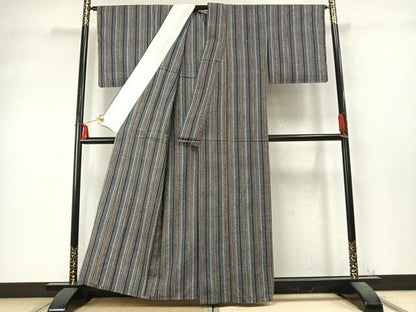 平和屋着物▽上質な紬 単衣 縞 正絹 逸品 AABD0336fy