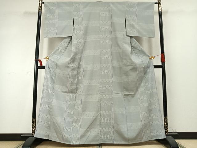 平和屋着物▽本塩沢 単衣 110亀甲 麻の葉横段文 正絹 逸品 AABD0338fy