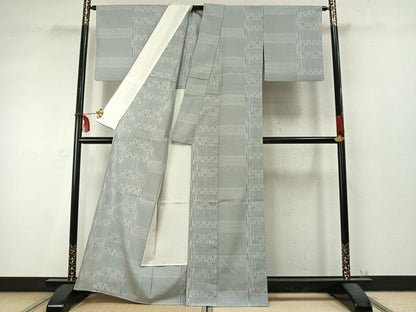 平和屋着物▽本塩沢 単衣 110亀甲 麻の葉横段文 正絹 逸品 AABD0338fy