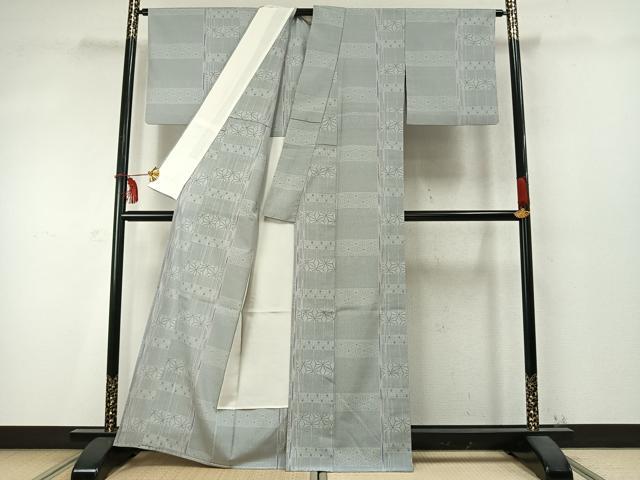 平和屋着物▽本塩沢 単衣 110亀甲 麻の葉横段文 正絹 逸品 AABD0338fy