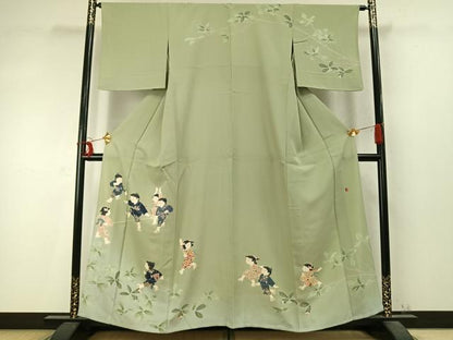 平和屋着物▽十日町友禅作家 関口遼一 訪問着 単衣 浜ちりめん 人物文 暈し染め ますいわ屋扱い 残布付き 正絹 逸品 AABD0341fy