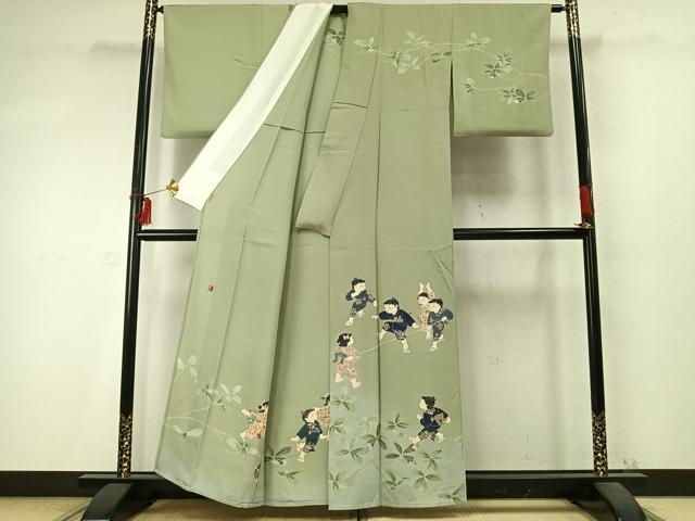 平和屋着物▽十日町友禅作家 関口遼一 訪問着 単衣 浜ちりめん 人物文 暈し染め ますいわ屋扱い 残布付き 正絹 逸品 AABD0341fy